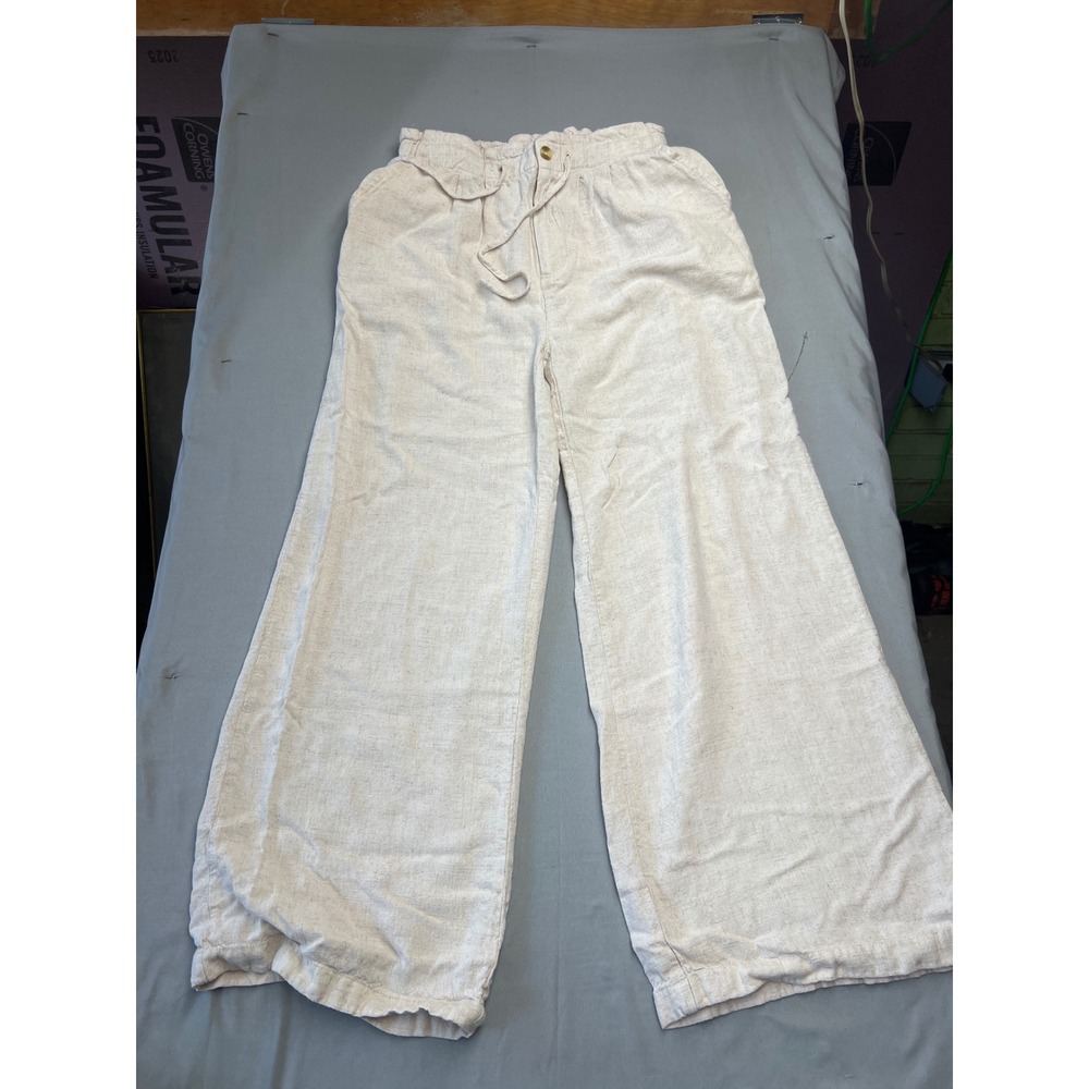 Thread & Supply Natural Wheat Linen Blend Wide Leg Paperbag Pants Small B461RLST
